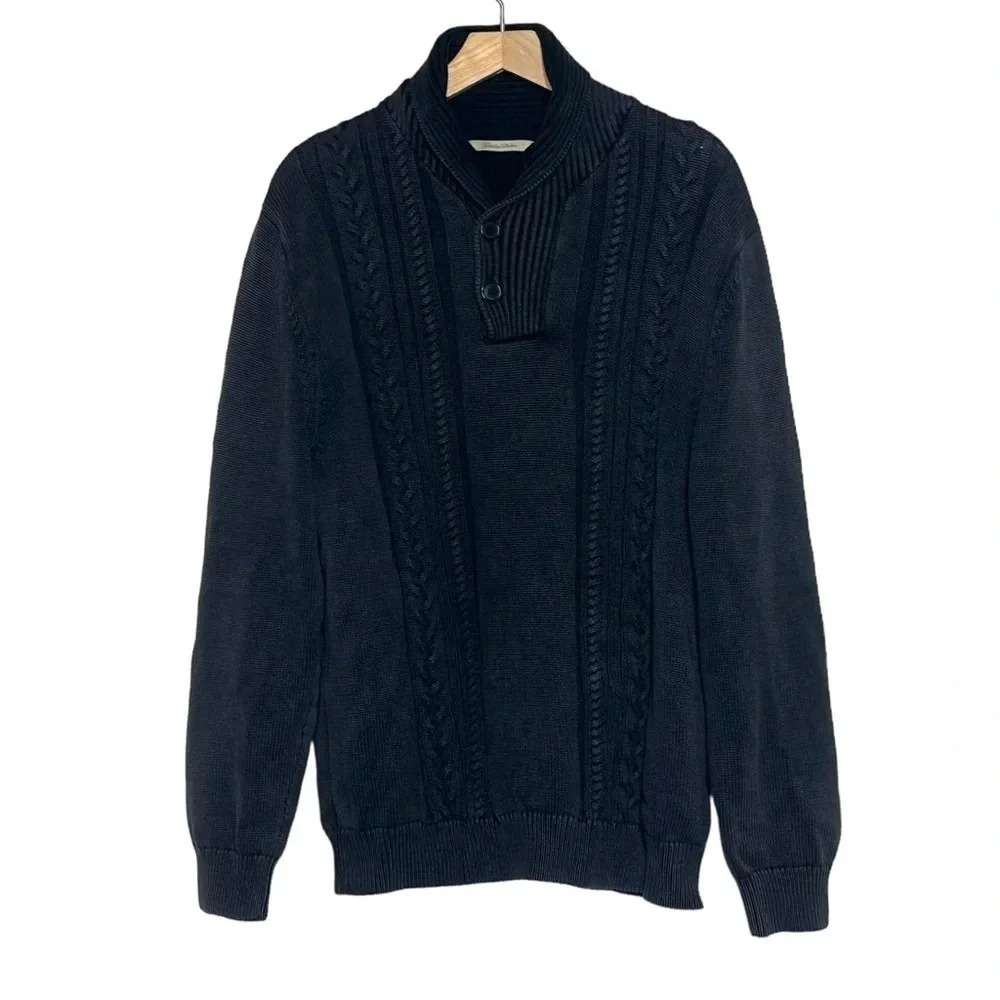 Paradise Collection L mens gray‎ black distressed cable knit shawl neck sweater